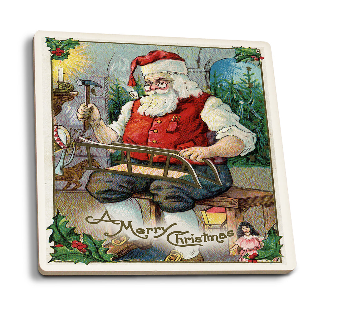 Christmas Greeting, Santa Building Sled, Coaster Set