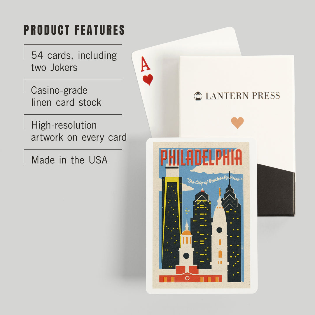 Playing Cards, Philadelphia, Pennsylvania, Woodblock City Series, Skyline, 52 Card Deck with Jokers in Box, Unique Art