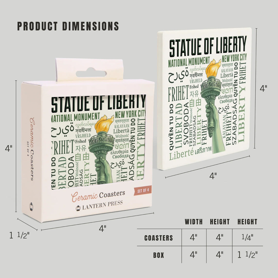 New York City, New York, Statue of Liberty, Torch, Freedom Typography, Coasters