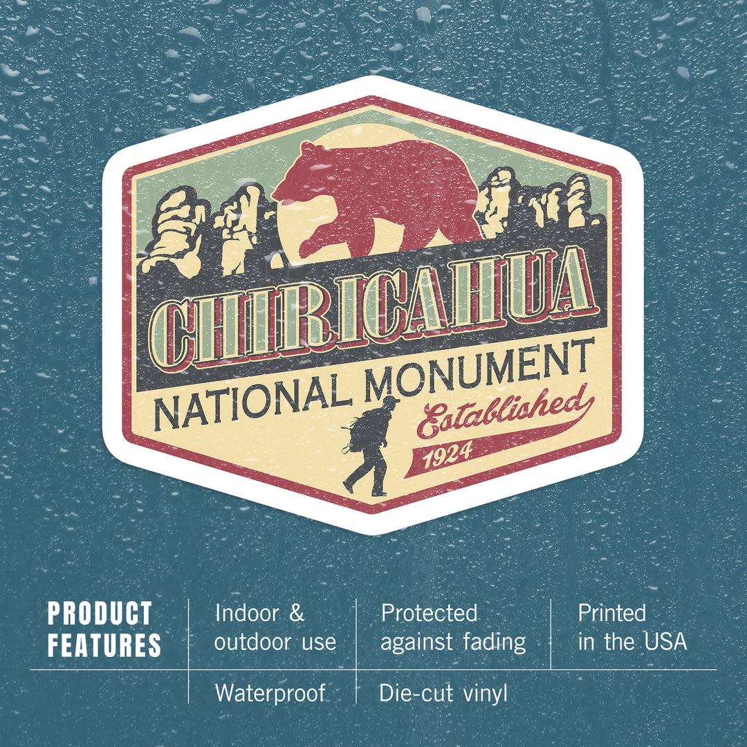 Chiricahua National Monument, Arizona, Vintage Vector, Bear & Hiker, Contour, Lantern Press Artwork, Vinyl Sticker