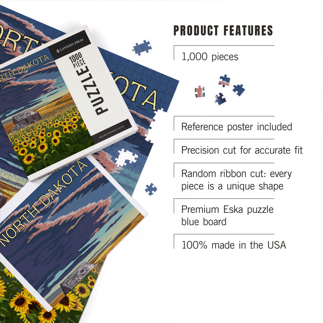 North Dakota, Wheat Fields, Shack and Sunflowers, 1000 Piece Jigsaw Puzzle