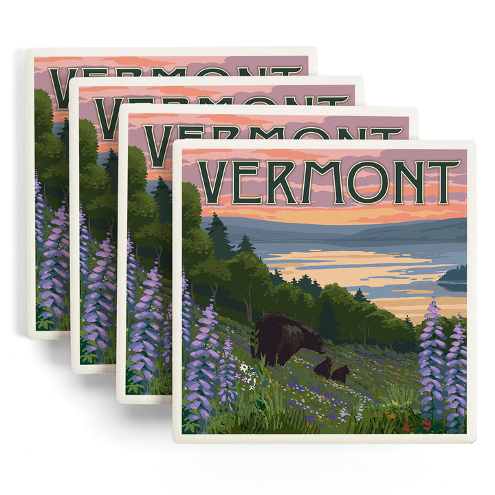 Vermont, Lake & Bear Family, Lantern Press Artwork, Coaster Set