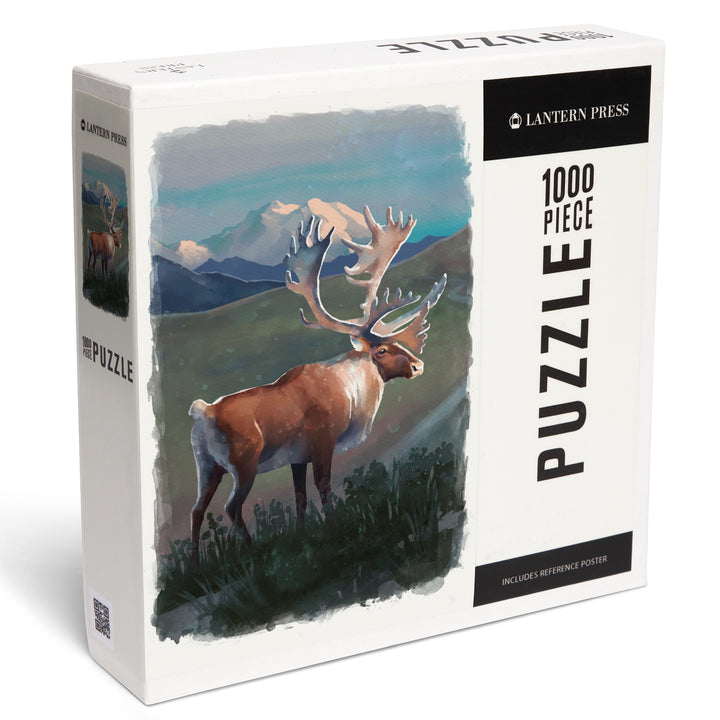 Watercolor Study, Caribou with Mountain, 1000 Piece Jigsaw Puzzle