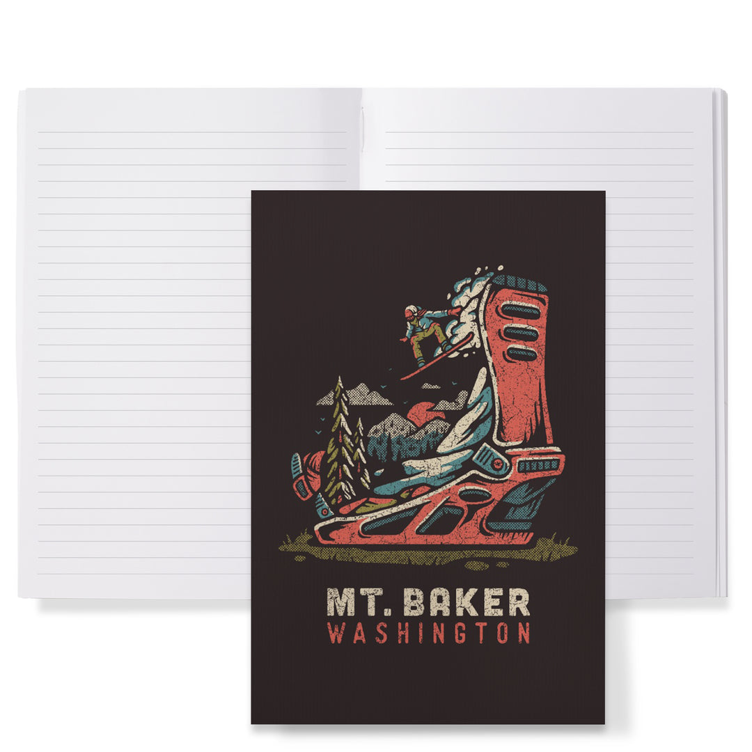 Lined 6x9 Journal, Mt. Baker, Washington, Snowboard Binding, Distressed Vector, Lay Flat, 193 Pages, FSC paper