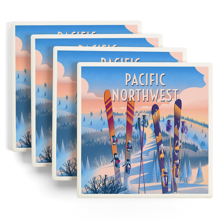 Pacific Northwest, Prepare for Takeoff, Skis in Snowbank ceramic coaster set