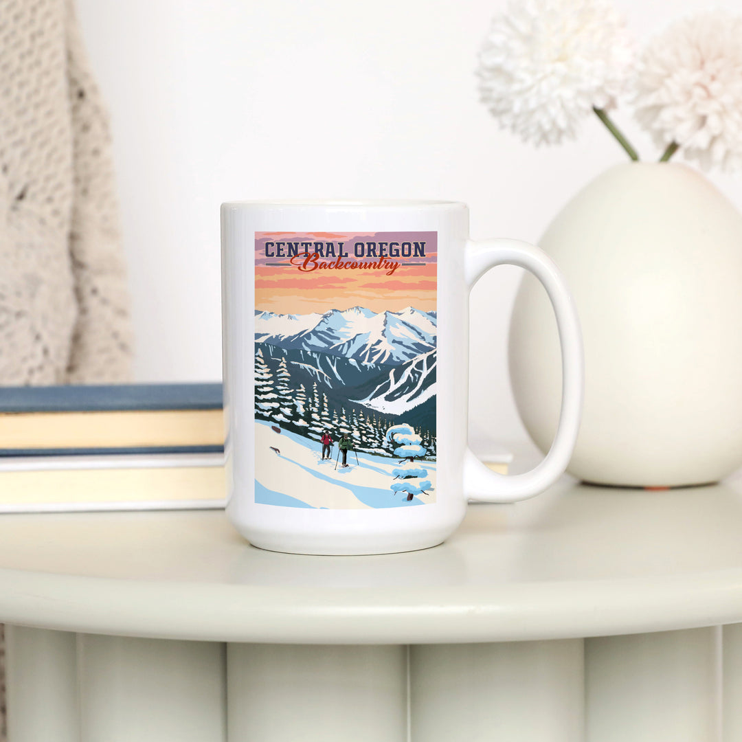 Central Oregon Backcountry, Winter Snowshoers, Lantern Press Artwork, Ceramic Mug