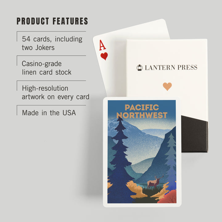 Playing Cards, Pacific Northwest, Lithograph, Elk and Mountains Scene, 52 Card Deck with Jokers in Box, Unique Art