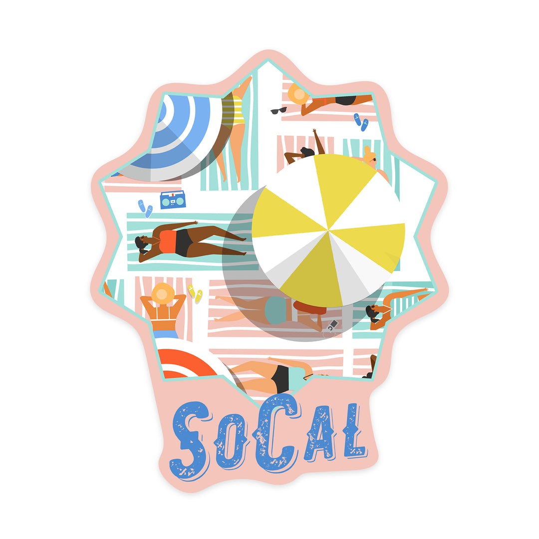 California, SoCal, Aerial Beach Scene, Loungers & Umbrellas, Contour, Lantern Press Artwork, Vinyl Sticker