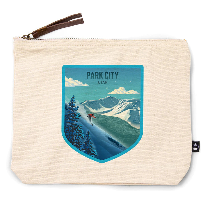 Park City, Utah, Lithograph, Downhill Skier, Organic Cotton Zipper Pouch, Go Bag