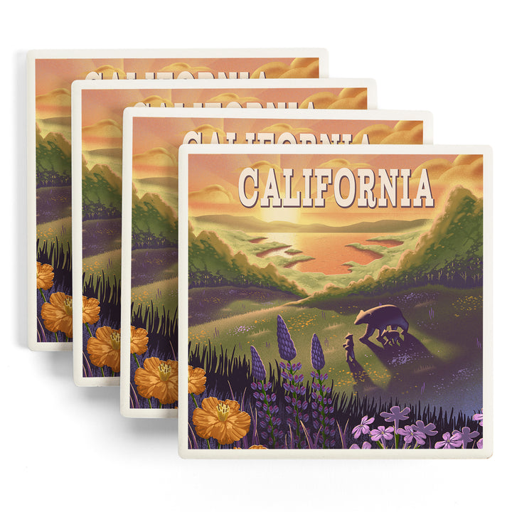 California, Bear and Spring Flowers, Lithograph, Coaster Set
