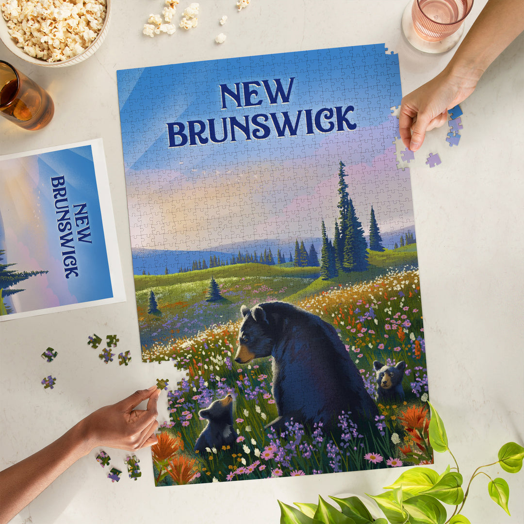 New Brunswick, Lithograph, Bear Family in Field, Jigsaw Puzzle