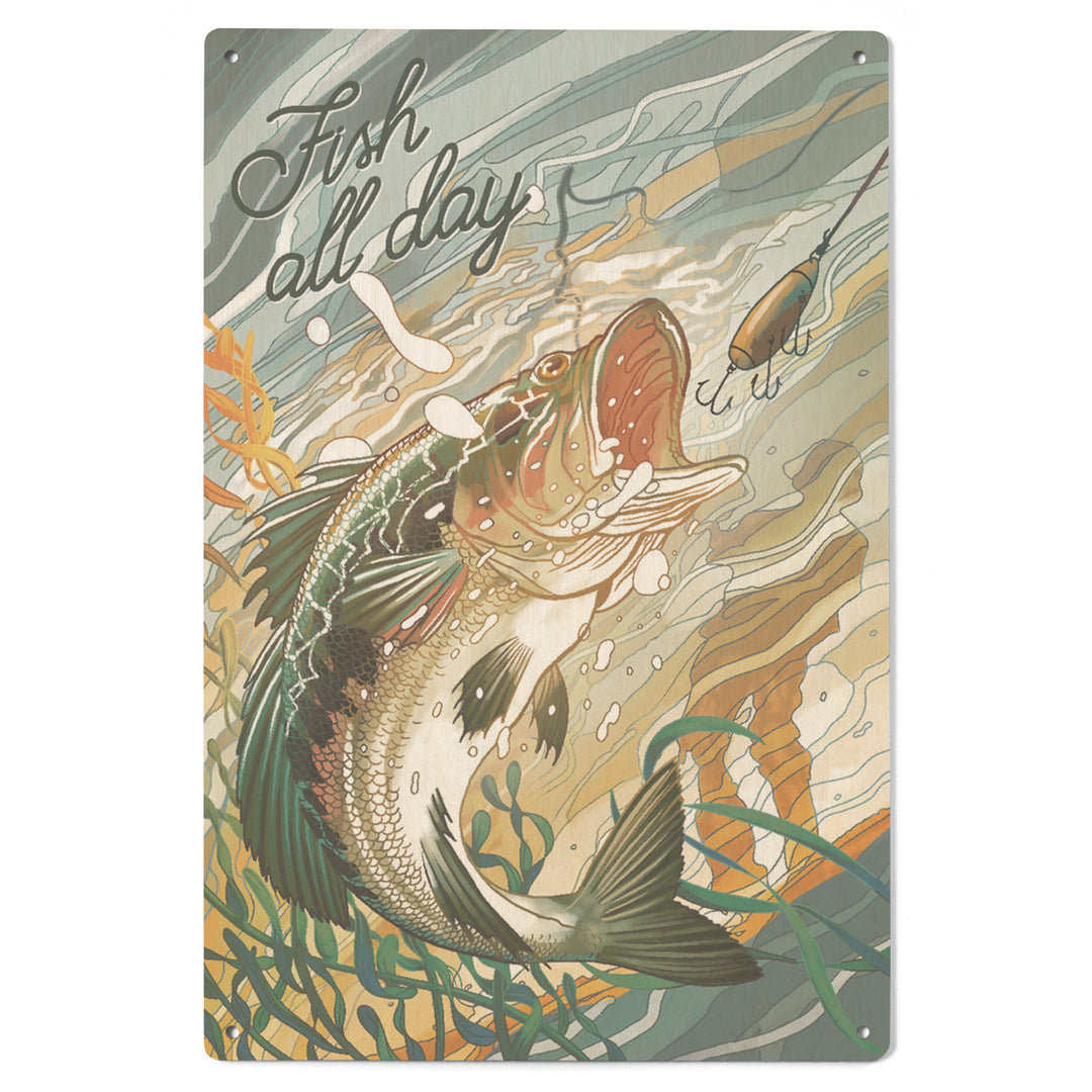 Fish All Day, Bass, Wood Signs and Postcards - Lantern Press