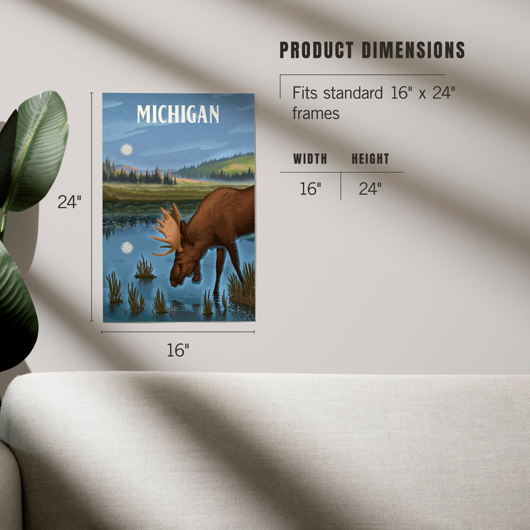 Michigan, Lithograph, Reflection Pond and Bull Moose, Art & Giclee Prints - Lantern Press