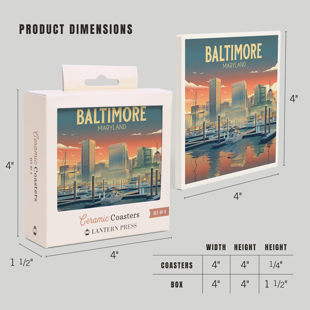 Baltimore, Maryland, Lithograph, City Series, Coasters