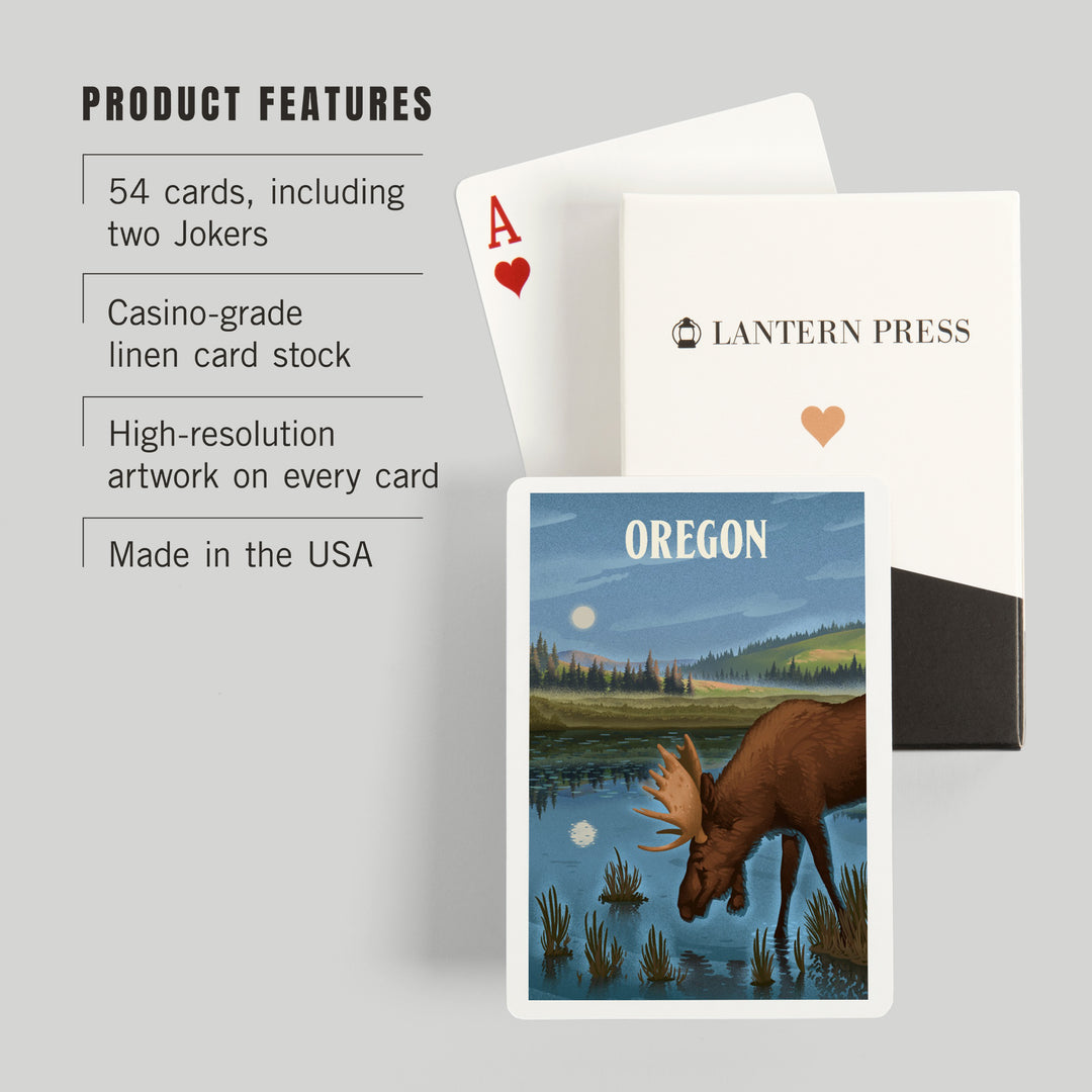 Playing Cards, Oregon, Lithograph, Reflection Pond and Bull Moose, 52 Card Deck with Jokers in Box, Unique Art