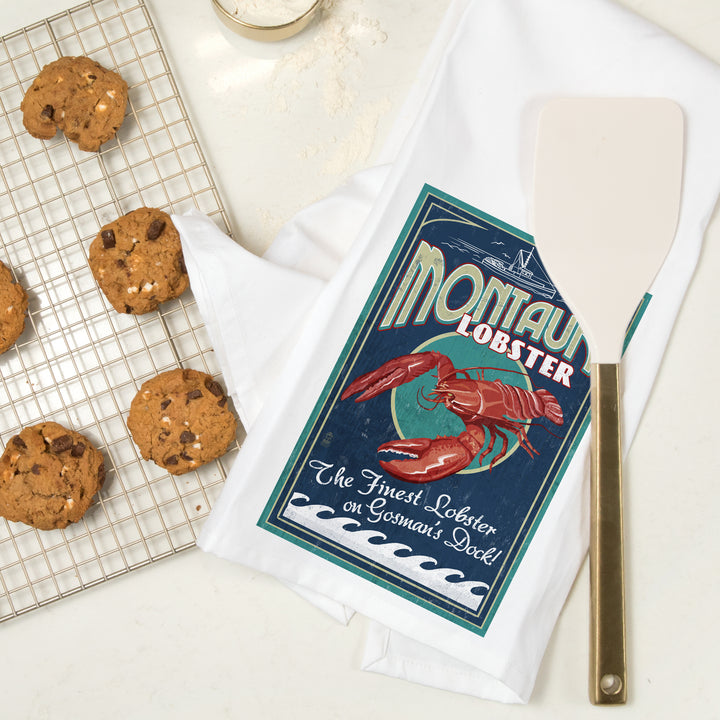 Montauk, New York, Lobster Vintage Sign, Organic Cotton Kitchen Tea Towels