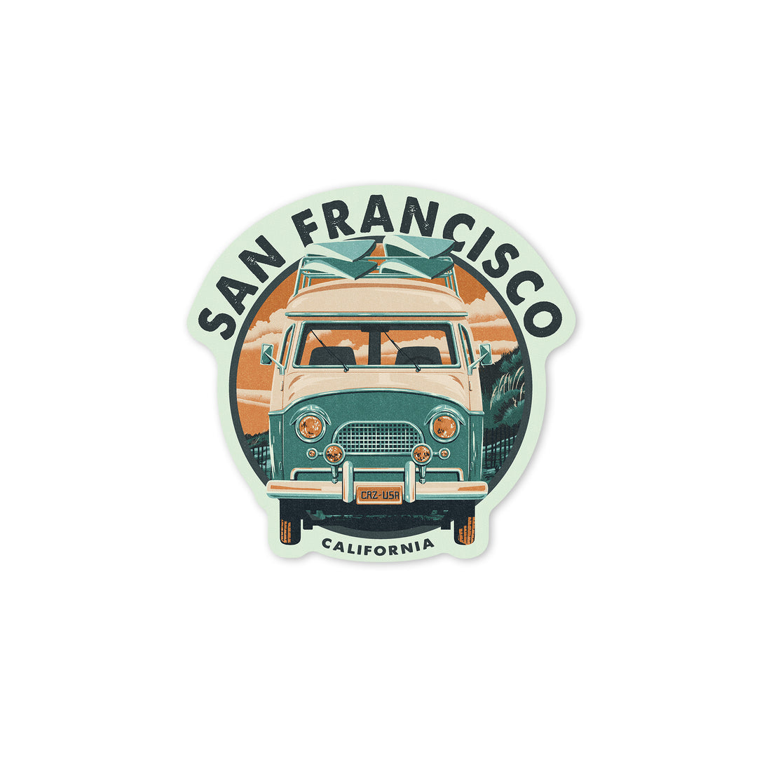 San Francisco, California, Letterpress, Camper Van, Beach, Contour, Vinyl Sticker