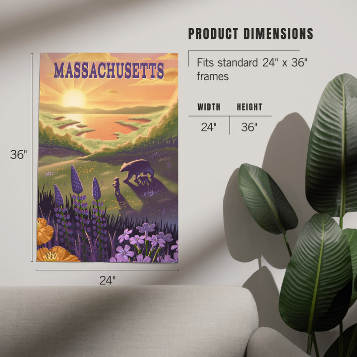 Massachusetts, Lithograph, Bear and Spring Flowers, Lake, Art & Giclee Prints