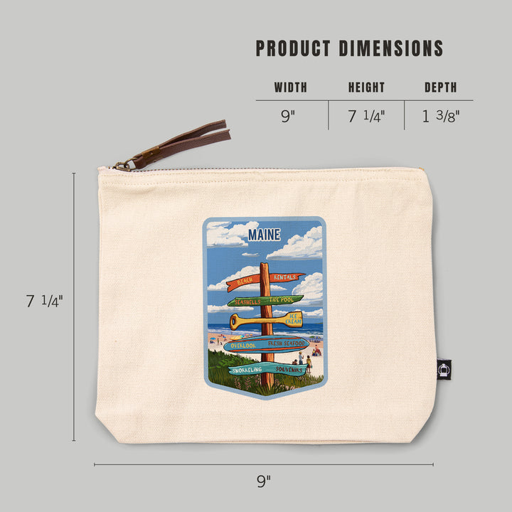 Maine, Signpost, Coast Beach with Umbrellas,, Organic Cotton Zipper Pouch, Go Bag