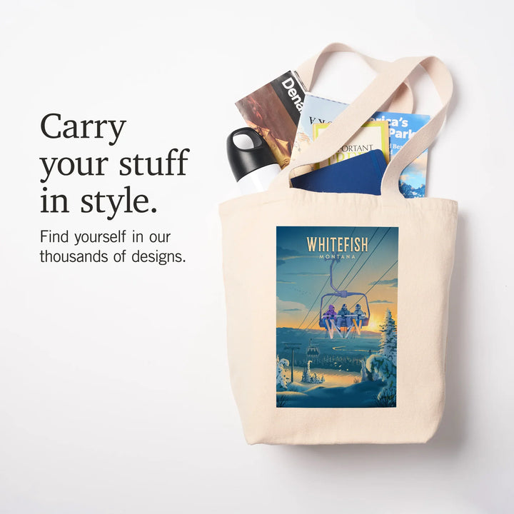 Whitefish, Montana, Lithograph, Chairlift, Tote Bag