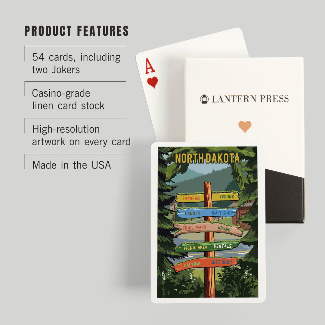 Playing Cards, North Dakota, Signpost, Forest and Camp, 52 Card Deck with Jokers in Box, Unique Art