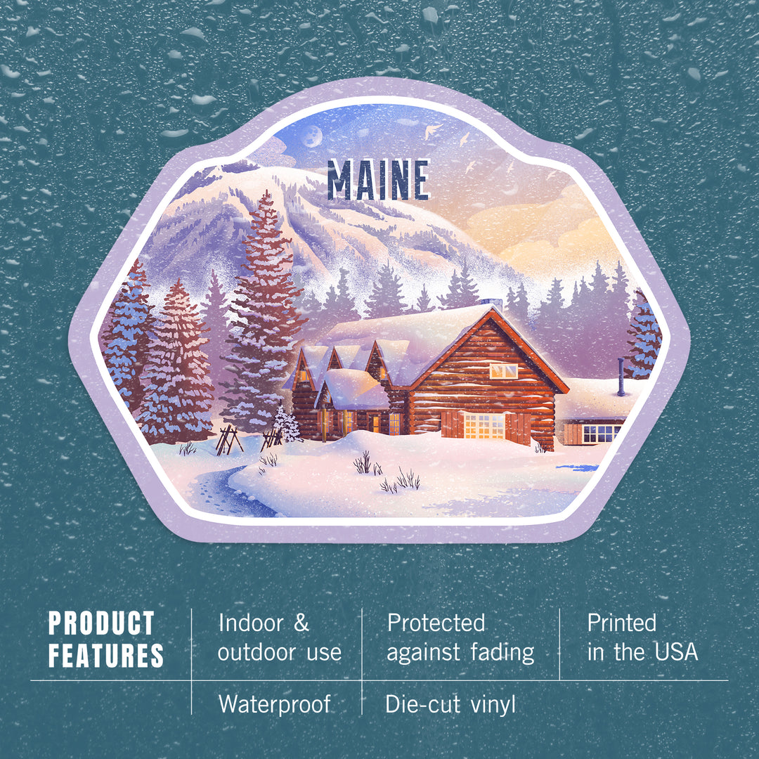 Maine, Lithograph, Mountain Lodge, Winter Scene, Vinyl Sticker