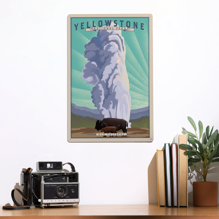 Yellowstone National Park, Wyoming, Old Faithful and Bison, Lithograph National Park Series, Metal Signs
