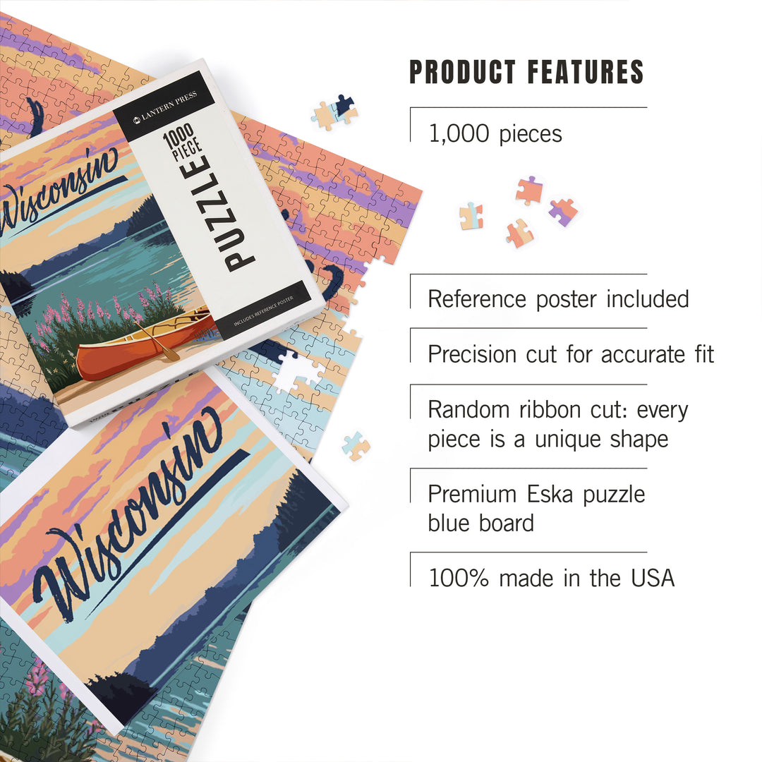 Wisconsin, Canoe and Lake Scene, 1000 Piece Jigsaw Puzzle
