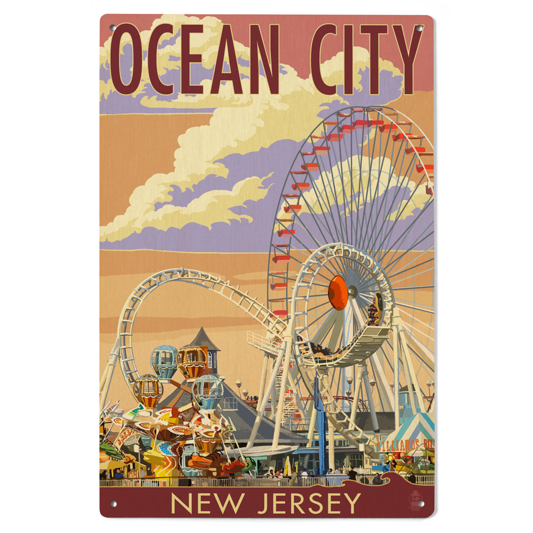 Ocean City, New Jersey, Pier & Sunset, Lantern Press Artwork, Wood Signs and Postcards
