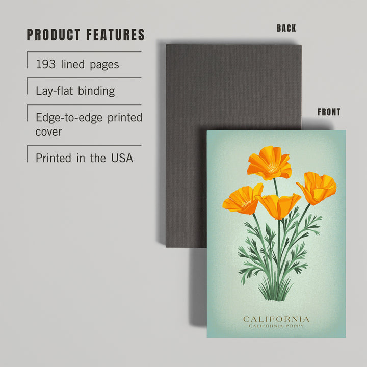 Lined 6x9 Journal, California, Vintage Flora, State Series, California Poppy, Lay Flat, 193 Pages, FSC paper