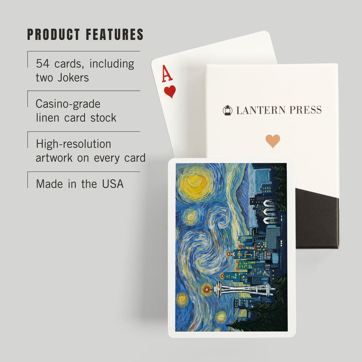 Playing Cards, Seattle, Washington, Starry Night City Series, 52 Card Deck with Jokers in Box, Unique Art