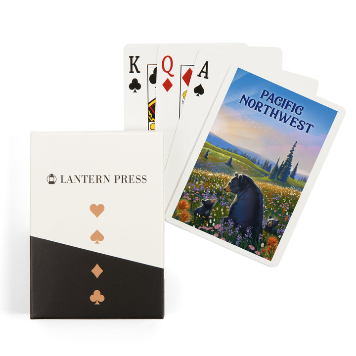 Playing Cards, Pacific Northwest, Lithograph, Bear Family in Field, 52 Card Deck with Jokers in Box, Unique Art