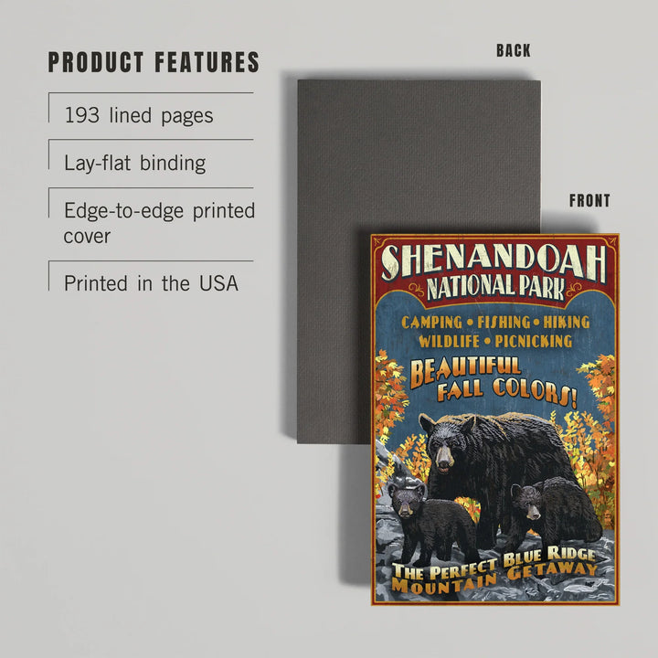 Lined 6x9 Journal, Shenandoah National Park, Virginia, Bear and Cubs Vintage Sign, Lay Flat, 193 Pages, FSC paper