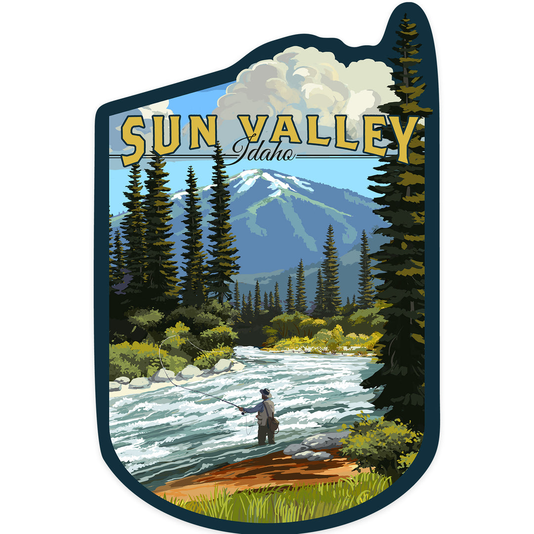 Sun Valley, Idaho, Fly Fisherman & River Rapids, Contour, Lantern Press Artwork, Vinyl Sticker