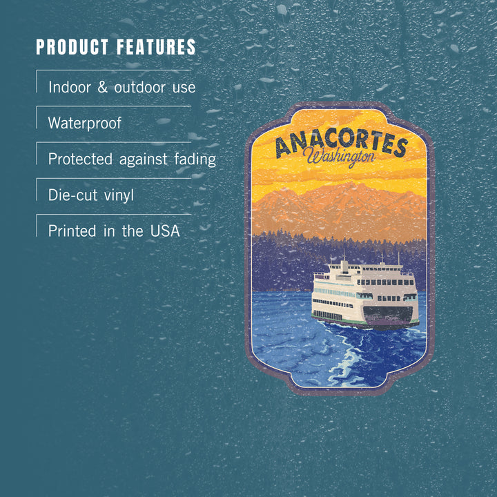 Anacortes, Washington, Ferry and Mountains, Contour, Lantern Press Artwork, Vinyl Sticker