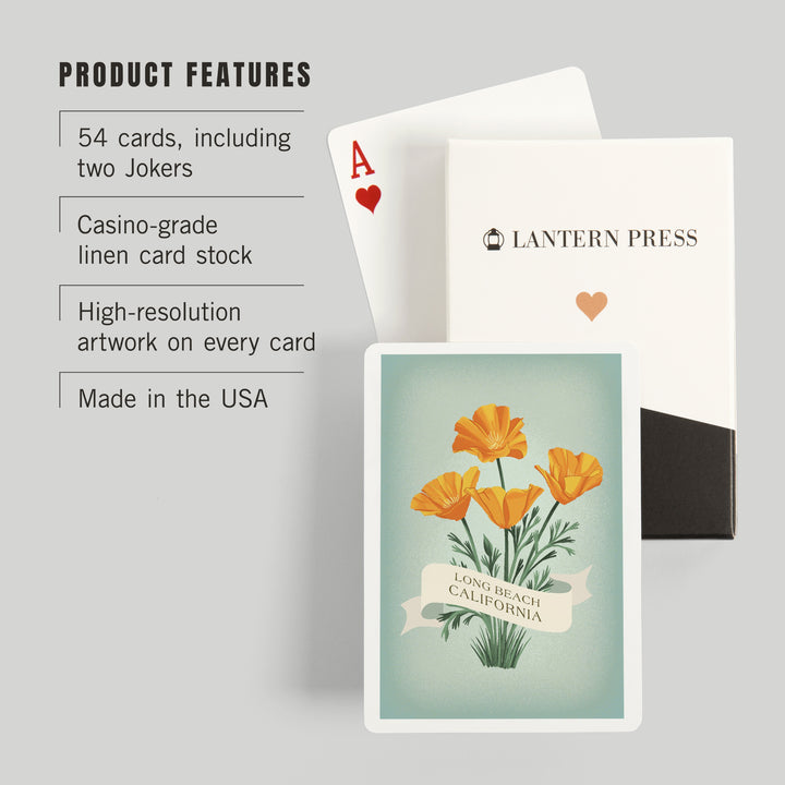 Playing Cards, Long Beach, California, Vintage Flora, California Poppy, 52 Card Deck with Jokers in Box, Unique Art