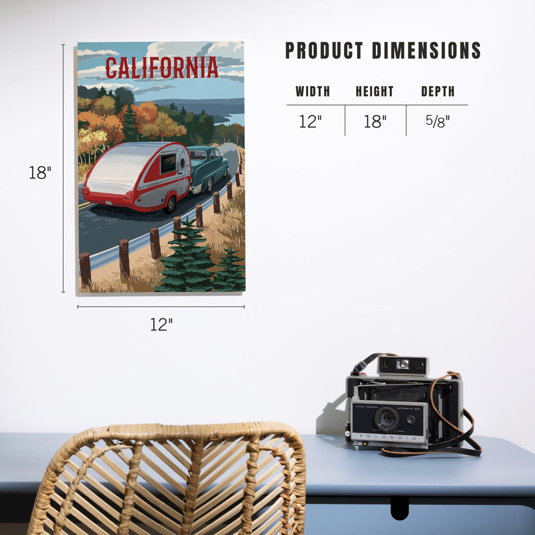 California, Painterly, Retro Camper on Road, Wood Signs and Postcards