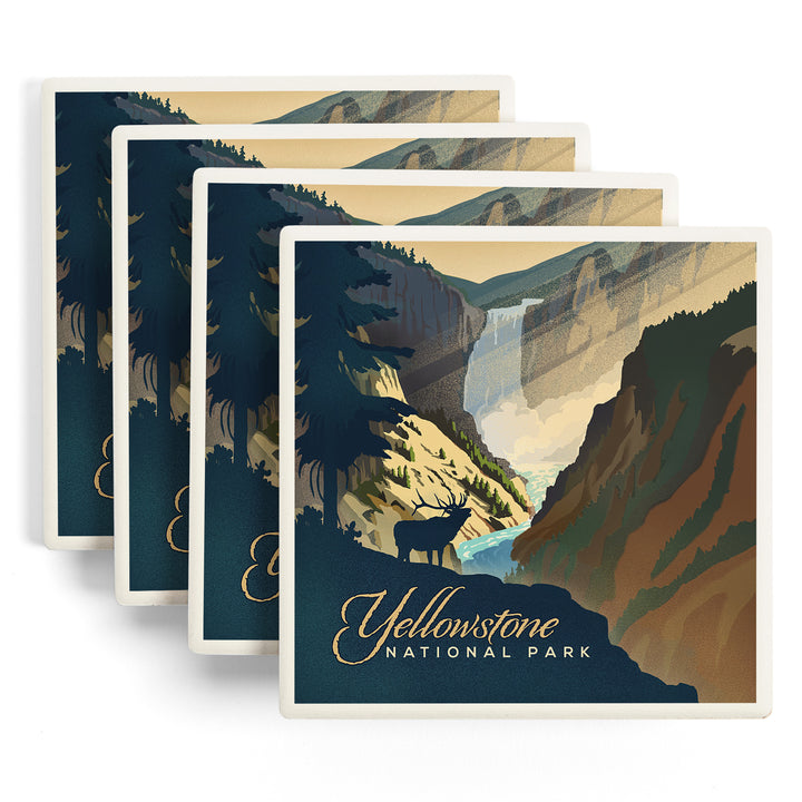 Yellowstone National Park, Wyoming, Yellowstone Falls, Lithograph, Coasters