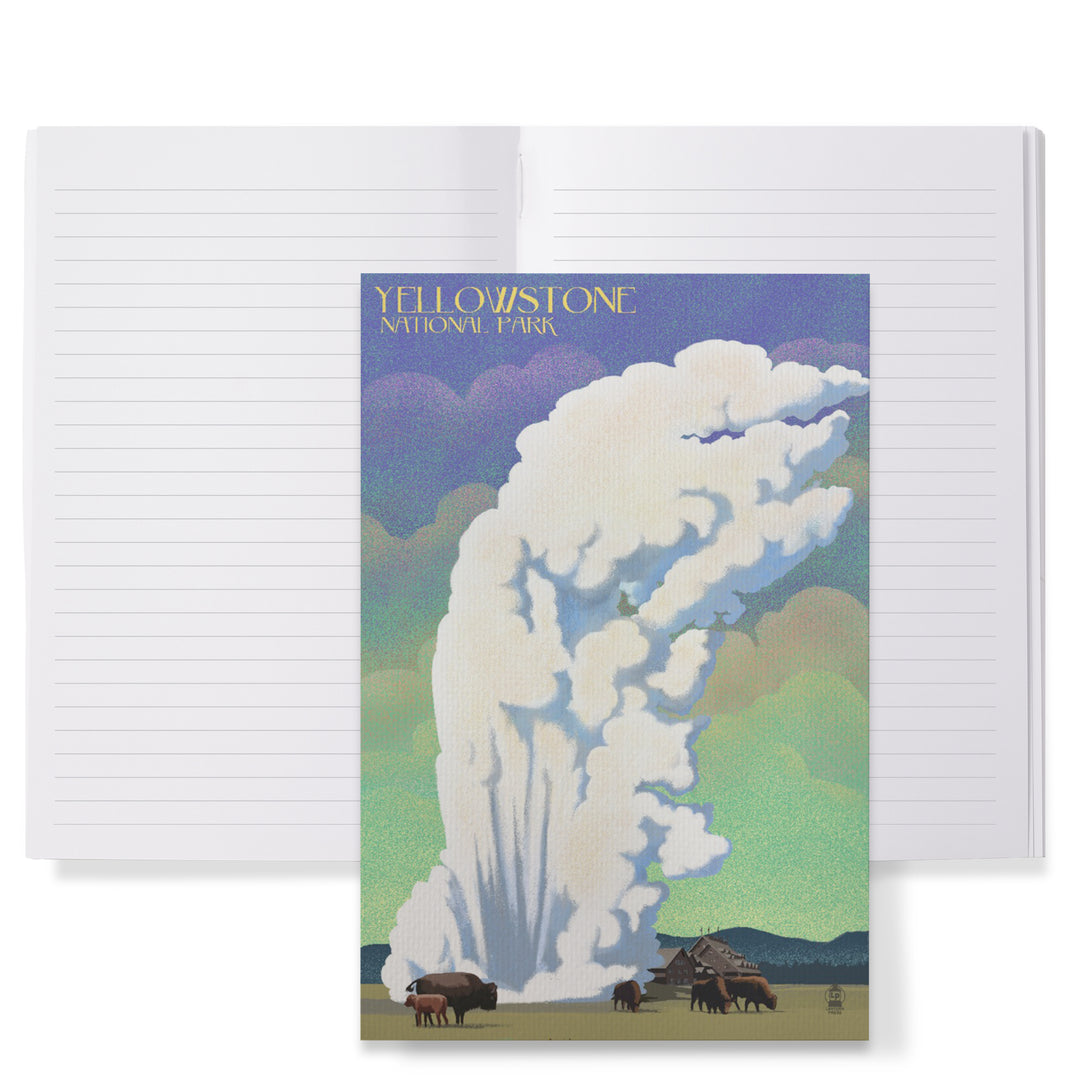 Lined 6x9 Journal, Yellowstone National Park, Old Faithful and Bison, Lithograph, Lay Flat, 193 Pages, FSC paper