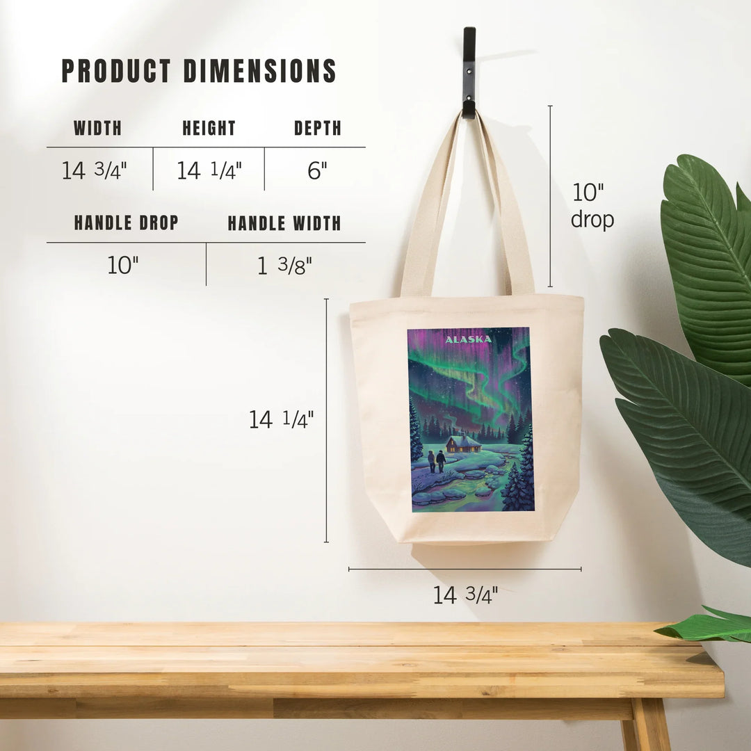 Alaska, Lithograph, Northern Lights and Cabin, Tote Bag