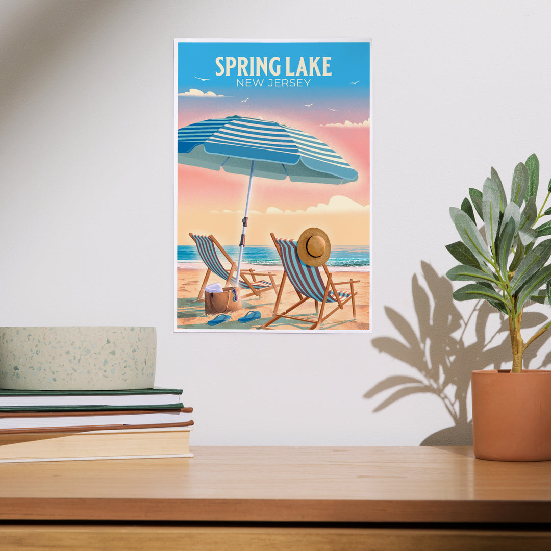 Spring Lake, New Jersey, Lithograph, Beach Chair and Umbrella art prints, metal signs