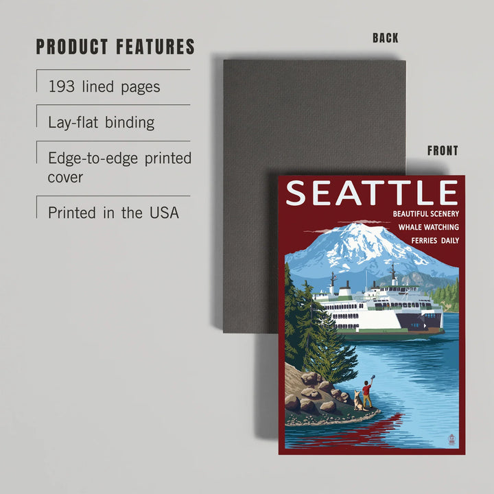 Lined 6x9 Journal, Seattle, Washington, Ferry and Mount Rainier Scene, Lay Flat, 193 Pages, FSC paper