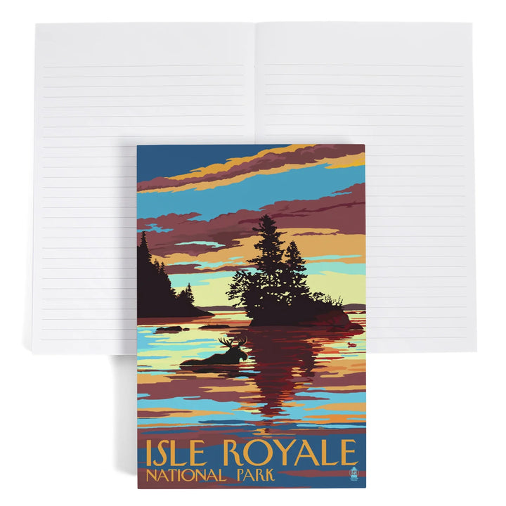 Lined 6x9 Journal, Isle Royale National Park, Michigan, Moose Swimming at Sunset, Lay Flat, 193 Pages, FSC paper