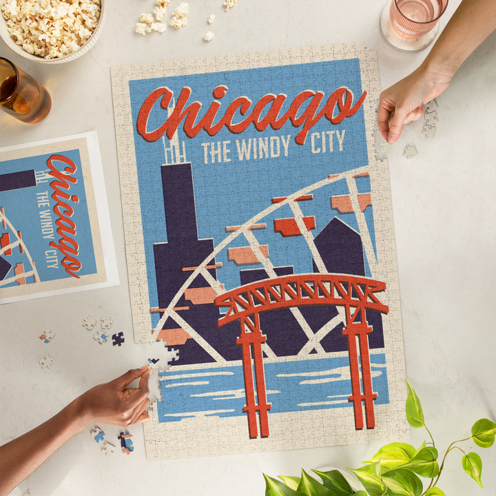 Chicago, Illinois, Woodblock City Series, Skyline, 1000 Piece Jigsaw Puzzle