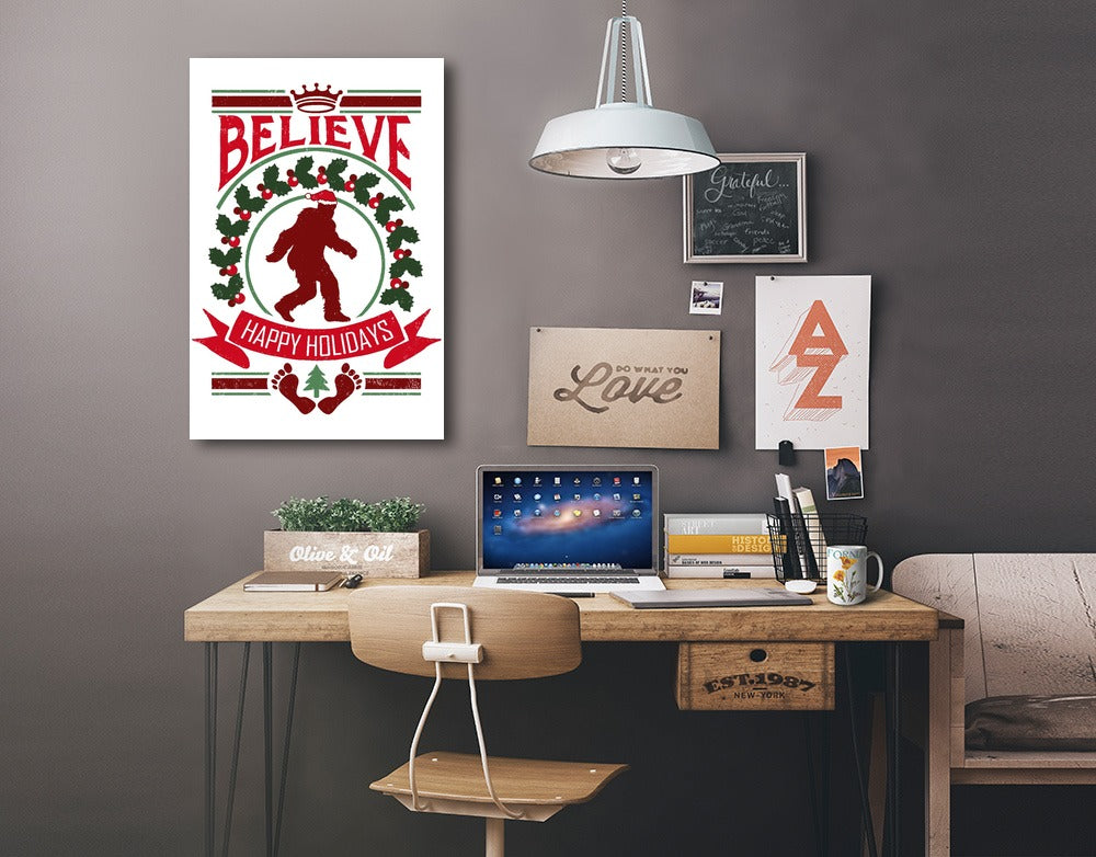 Bigfoot, Happy Holidays, Christmas, Lantern Press Artwork, Stretched Canvas