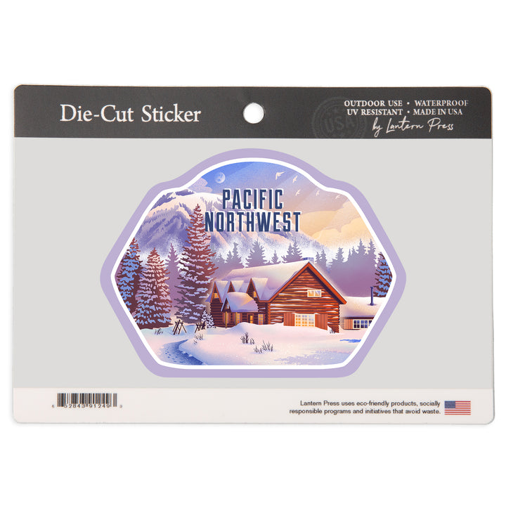 Pacific Northwest, Lithograph, Mountain Lodge, Winter Scene, Vinyl Sticker