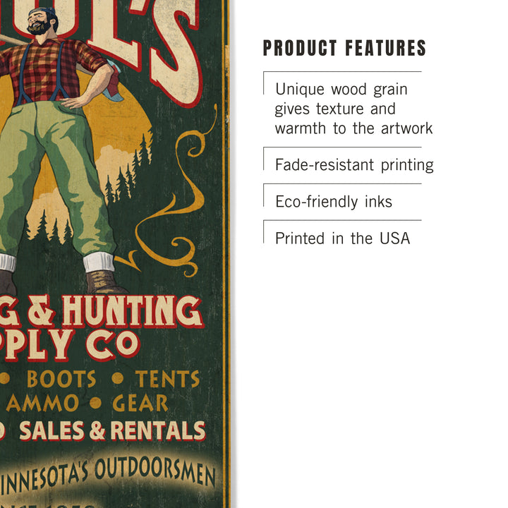 Minnesota, Paul Bunyan Camping Supply Vintage Sign, Wood Sign and Postcards
