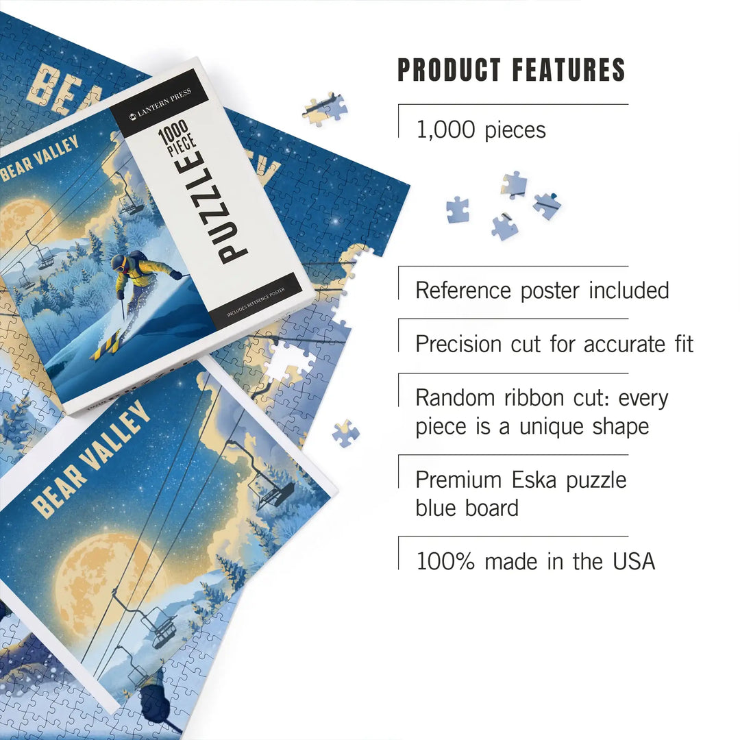 Bear Valley, California, Lithograph, Night Ski, Jigsaw Puzzle