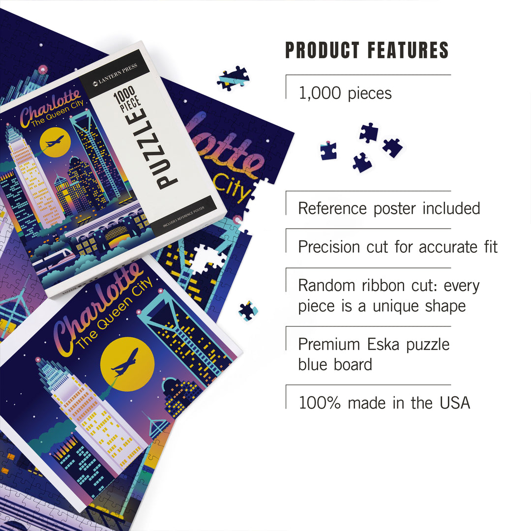 Charlotte, North Carolina, Retro Skyline Chromatic Series, 1000 Piece Jigsaw Puzzle