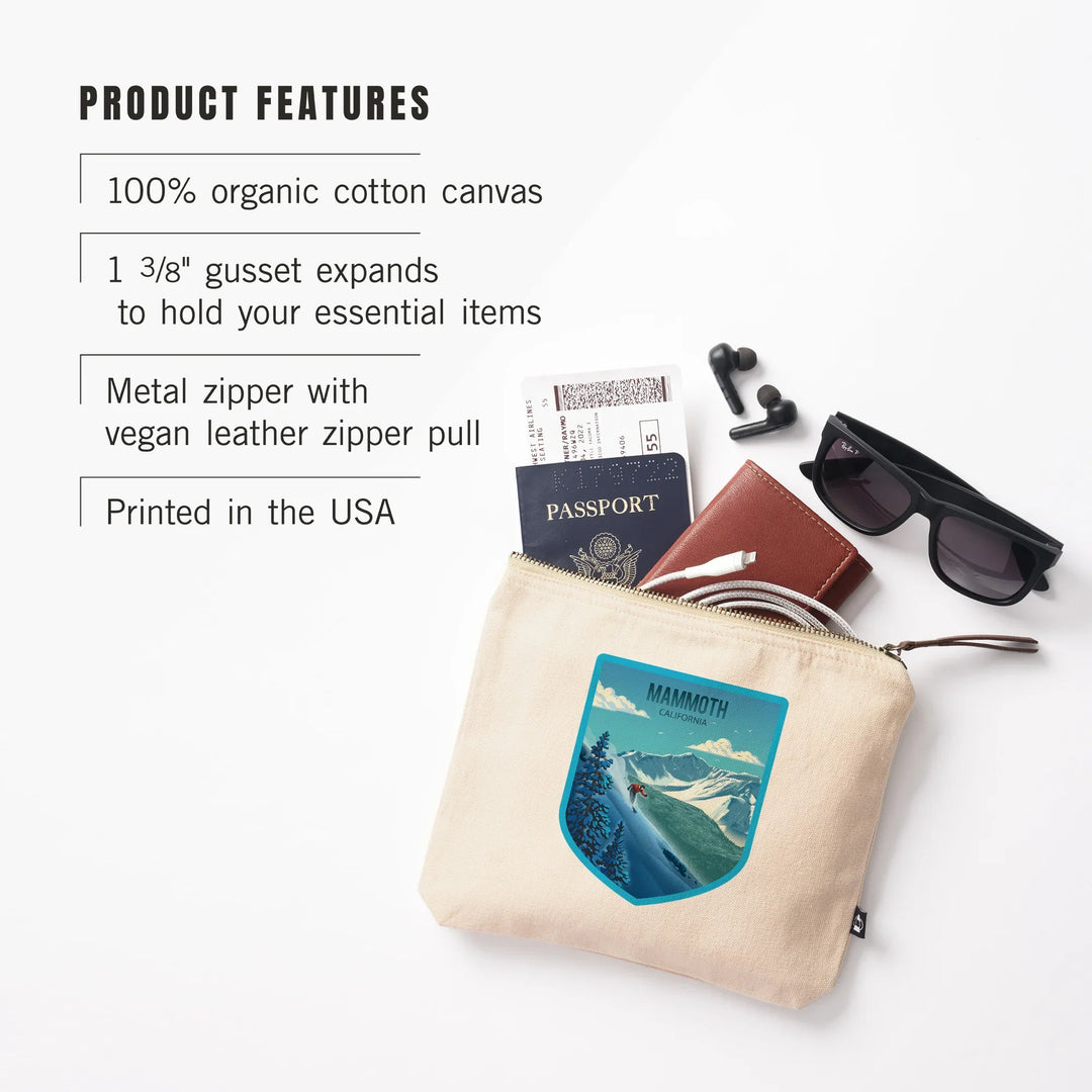 Mammoth, California, Lithograph, Downhill Skier, Organic Cotton Zipper Pouch, Go Bag